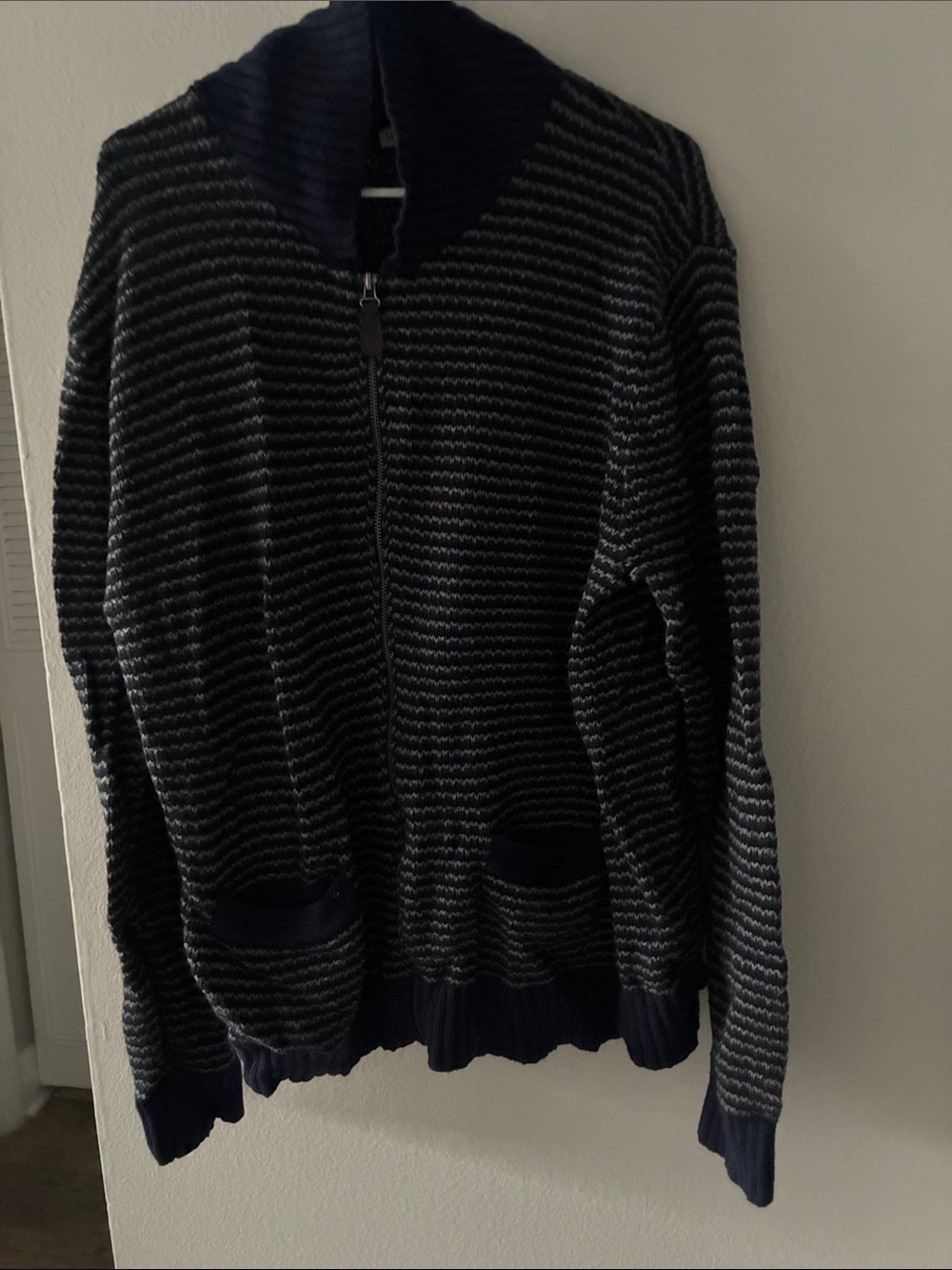 Merona Navy and Gray Striped Zip-Up Knit Sweater